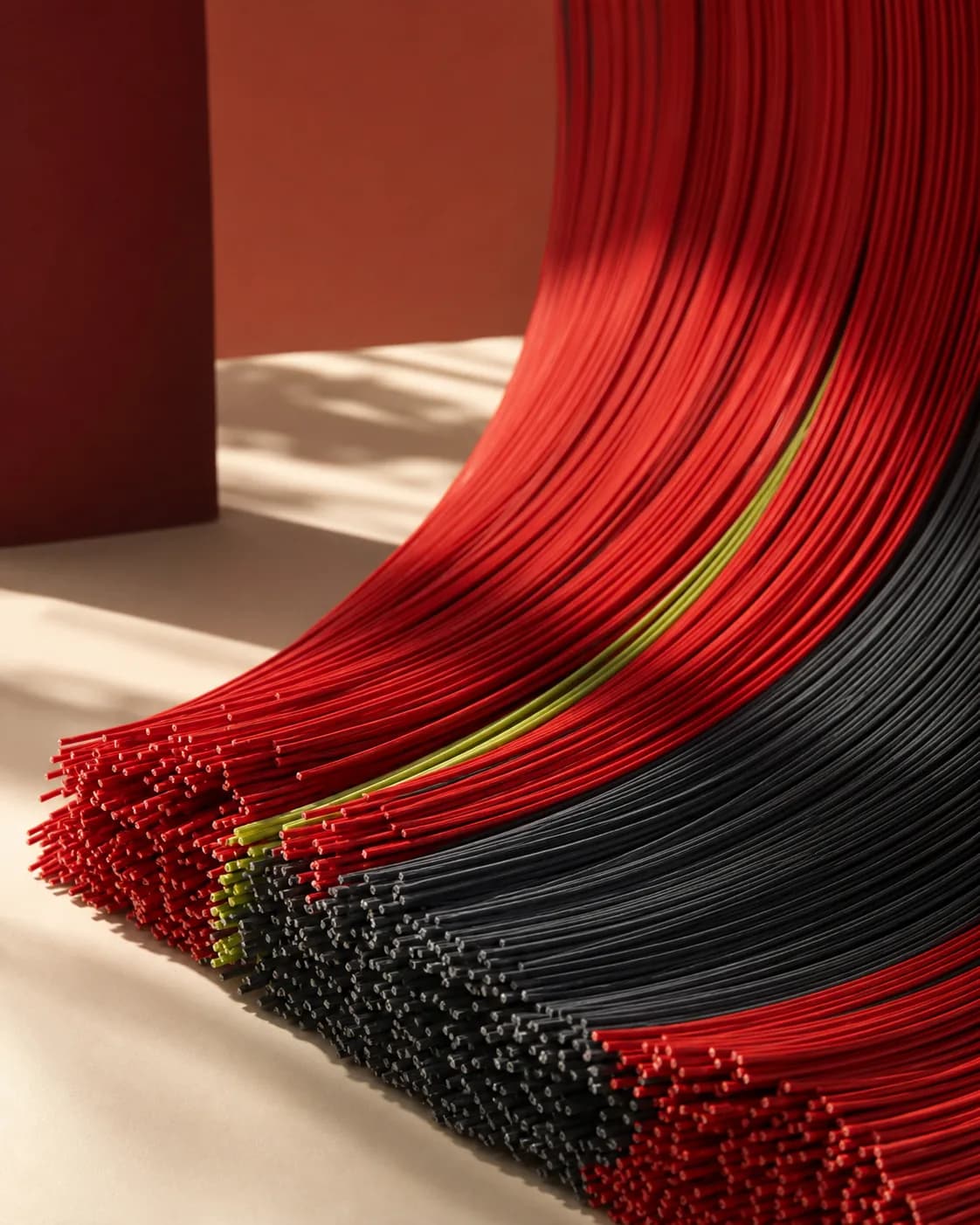 Concept visual of red, charcoal and lime cleaning-tool bristle bundles