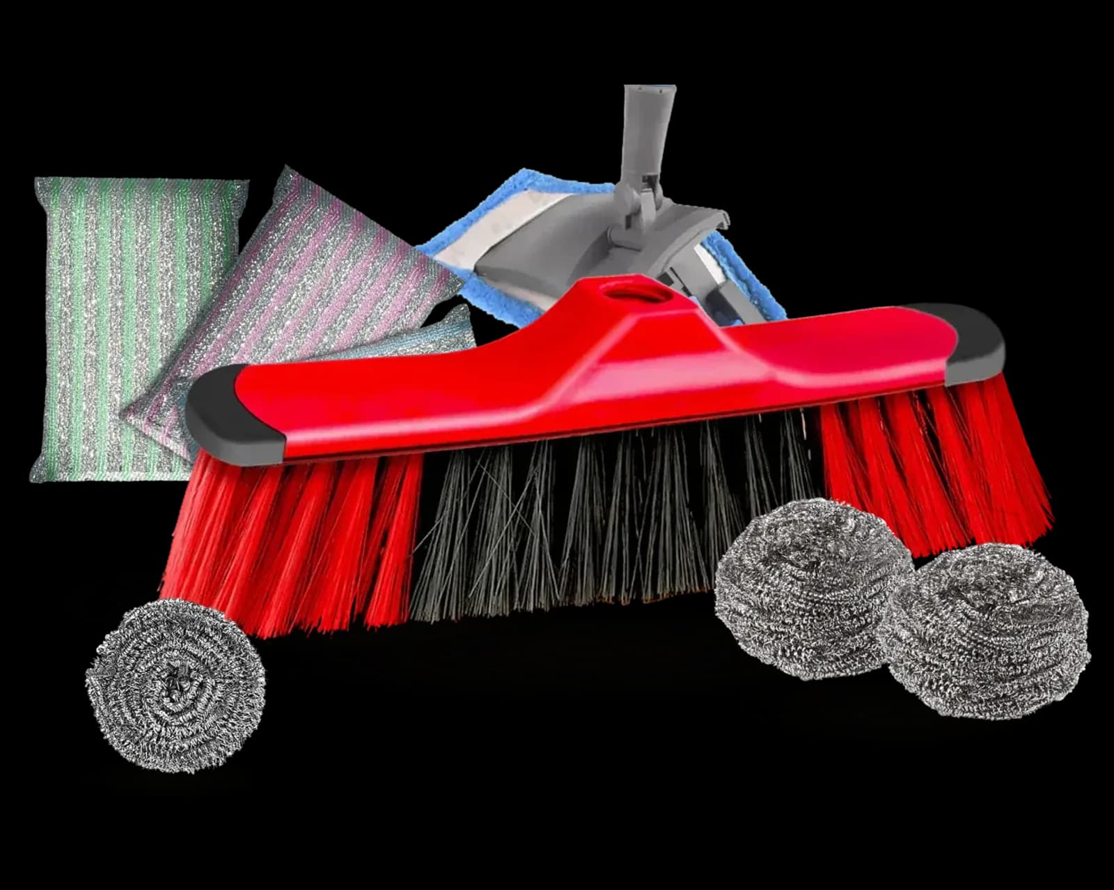 Group of Atlas Limpieza products: Clean Up Max broom head, Softyclean flat-mop platform, Magiclean pads and stainless-steel spiral scourers