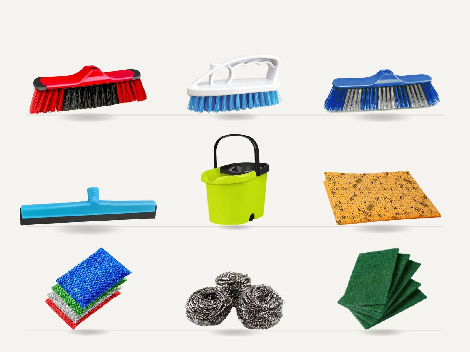 Nine Atlas cleaning products laid out as a shelf-plan grid